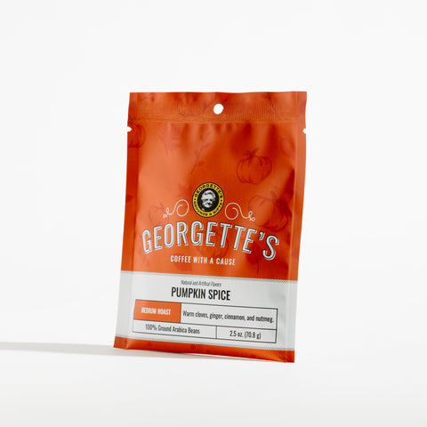 A stand-up pouch of Georgette's Coffee Pumpkin Spice blend, shown on a clean white background with a soft shadow.